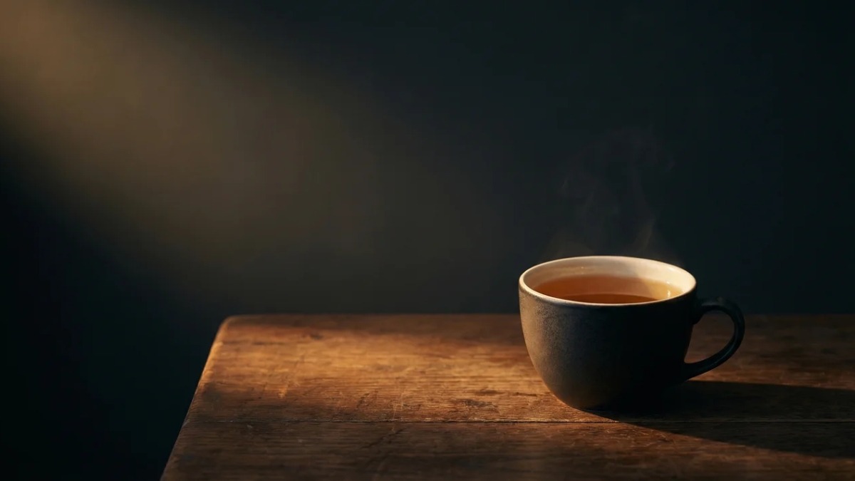 Šálek bylinného čaje na dřevěném stole